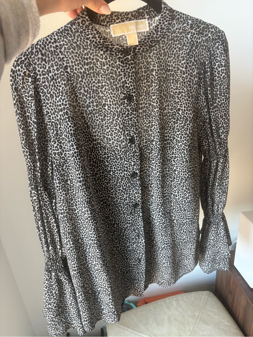 Michael Kors Black and White Leopard-Print Button Blouse and Skirt Set
